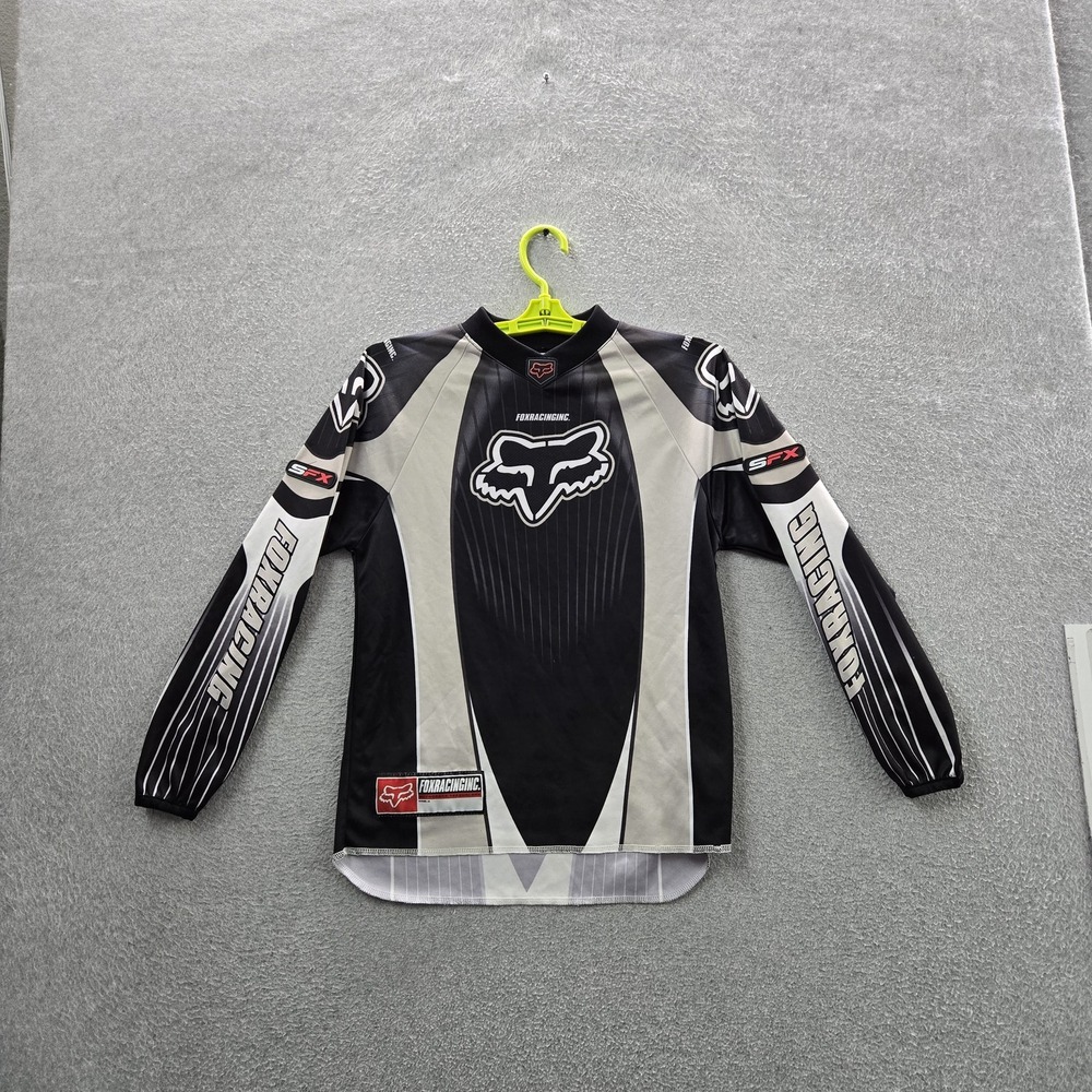 VINTAGE FOX Boys Jersey L Black Embroidered Racing Motocross BMX Grunge Y2K